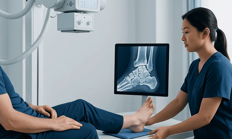 Medical professional examining ankle X-ray for diagnosis.