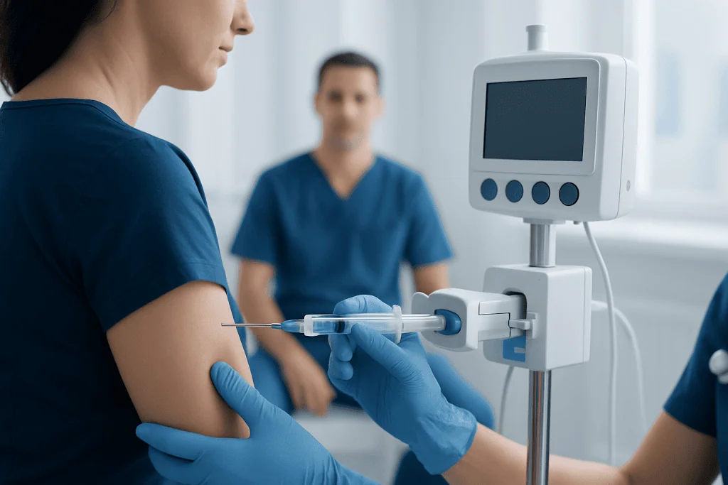 Medical professional administering injection to patient in hospital setting.