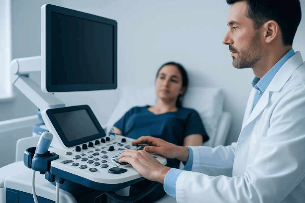 Doctor performing an ultrasound examination on a patient in a hospital room.