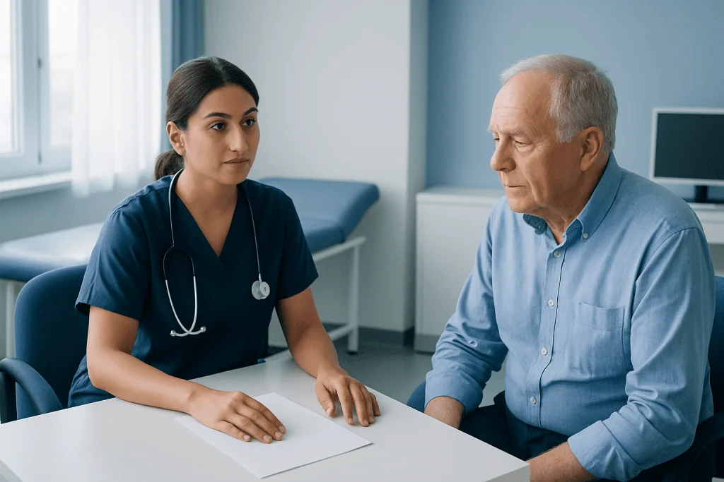 Doctor consulting with elderly male patient in a medical office.