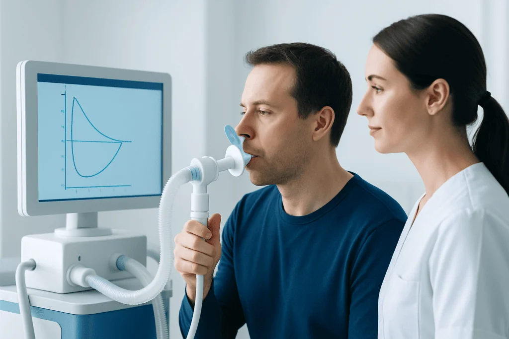 Patient undergoing spirometry test with healthcare professional monitoring.