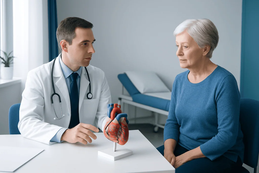Cardiologist explaining heart health to elderly woman in clinic.