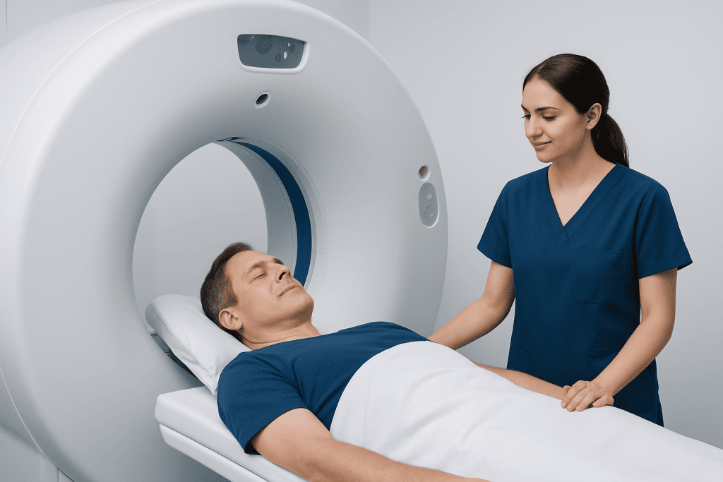 Patient undergoing a CT scan in a medical facility at Acibadem Hospitals Group.