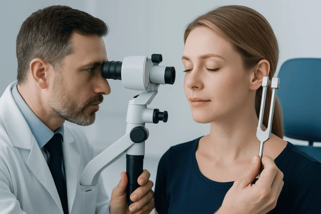 Otolaryngologist performs Rinne and Weber tests on patient in clinic.