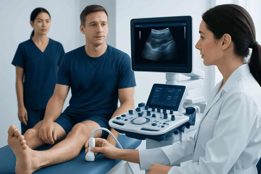 Medical examination of a patient's tibialis muscle using ultrasound at Acibadem Hospital.
