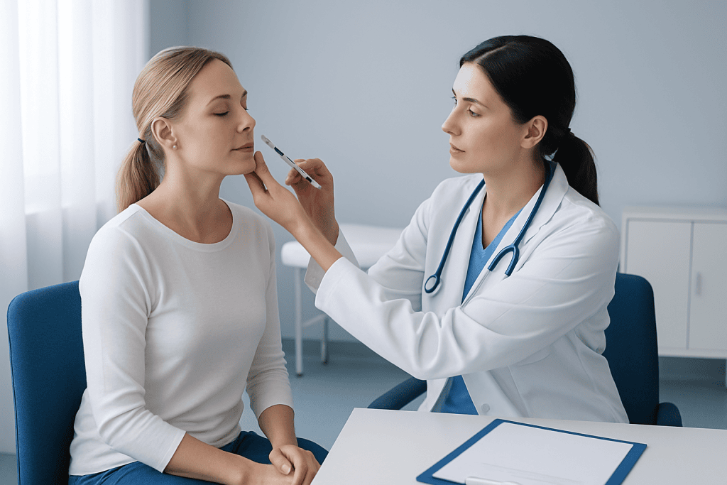 Doctor administering a facial treatment to a patient in a clinical setting.