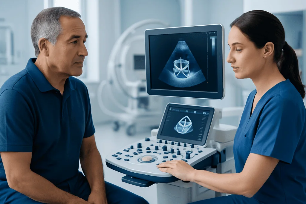 Doctor and patient during an ultrasound examination at Acibadem Hospital.