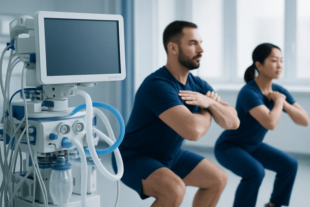 Medical professionals performing patient assessment in hospital setting.