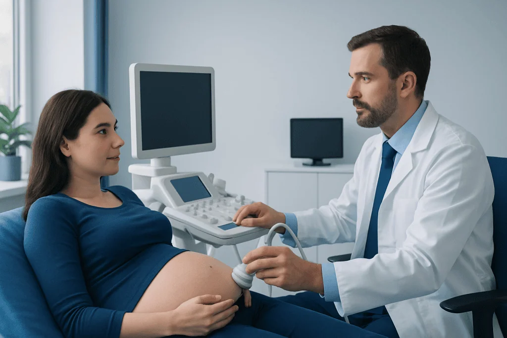 Doctor performing ultrasound on pregnant woman in hospital.