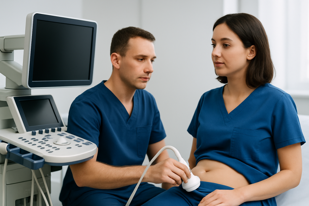 Medical professionals perform an ultrasound examination on a pregnant woman.