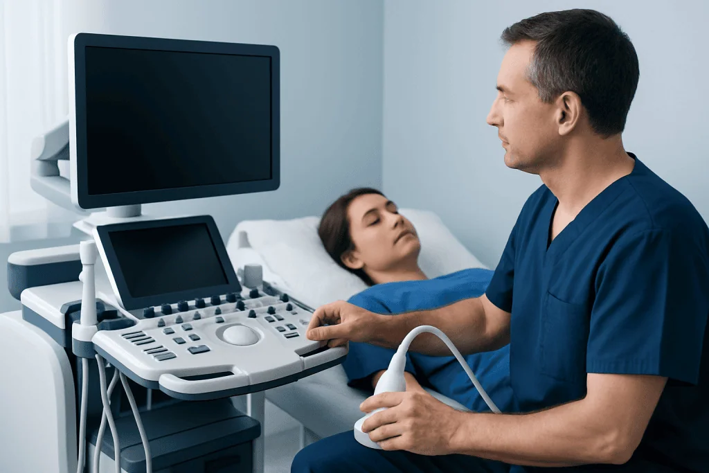 Doctor performing ultrasound on a patient in a hospital room.