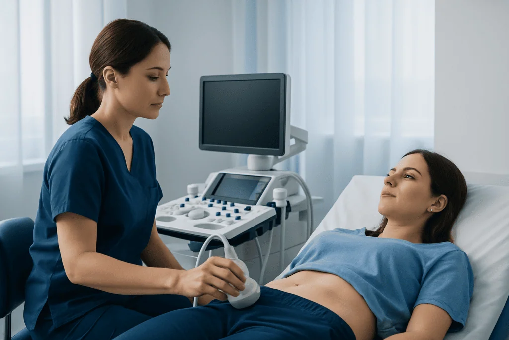 Ultrasound examination of a female patient in a hospital bed.