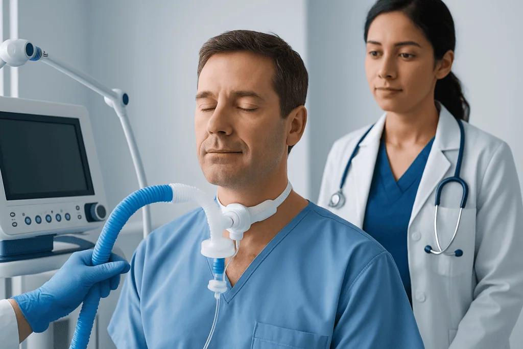 Patient with respiratory support in a hospital setting.