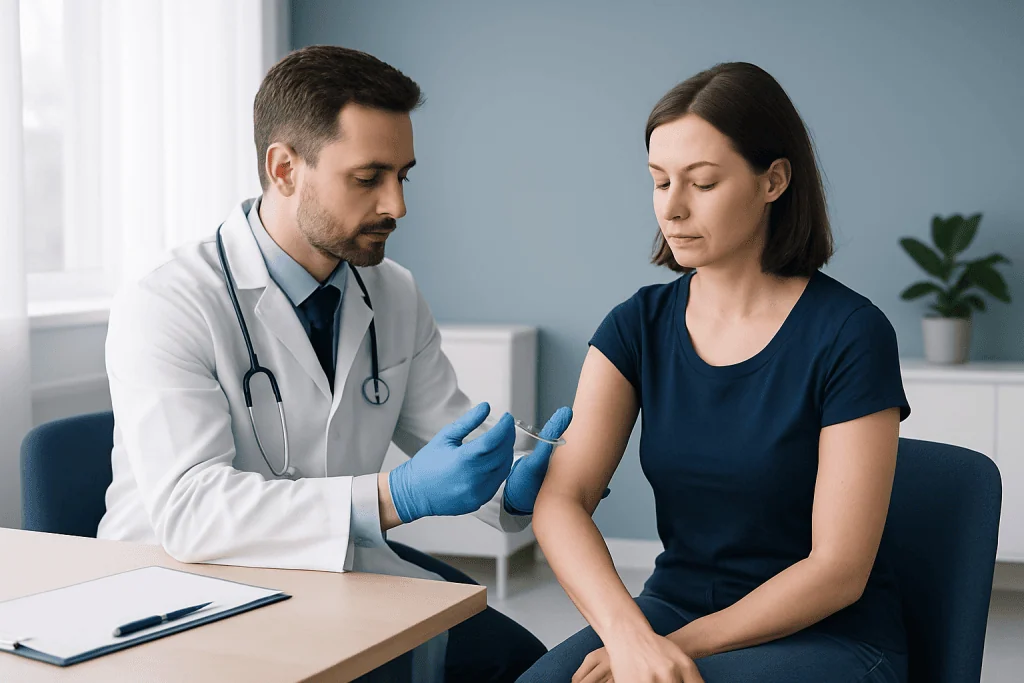Doctor administering vaccine to a woman in a clinical setting.