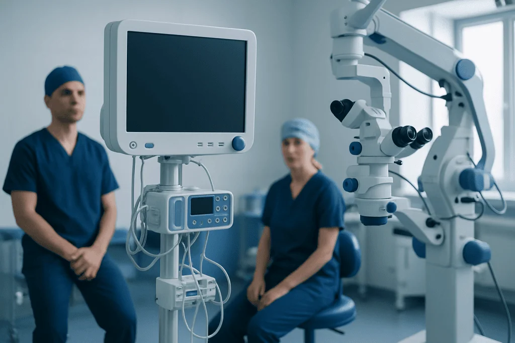 Medical team in operating room with advanced surgical equipment at Acibadem Hospitals.