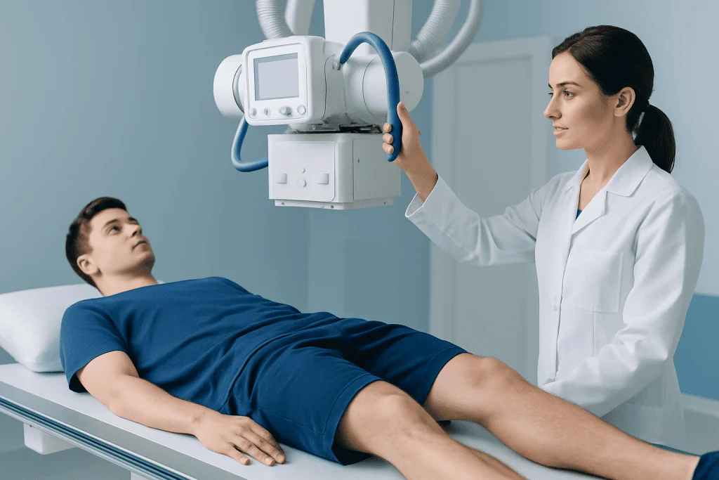Medical professional preparing X-ray machine for patient in hospital.