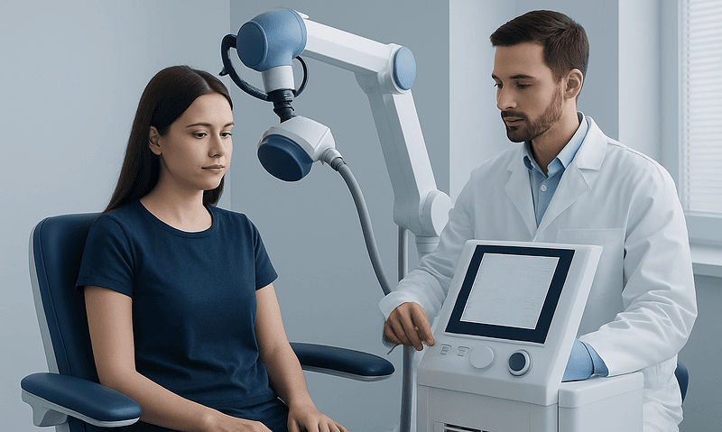 Medical professional using advanced equipment for patient treatment at Acibadem Hospital.