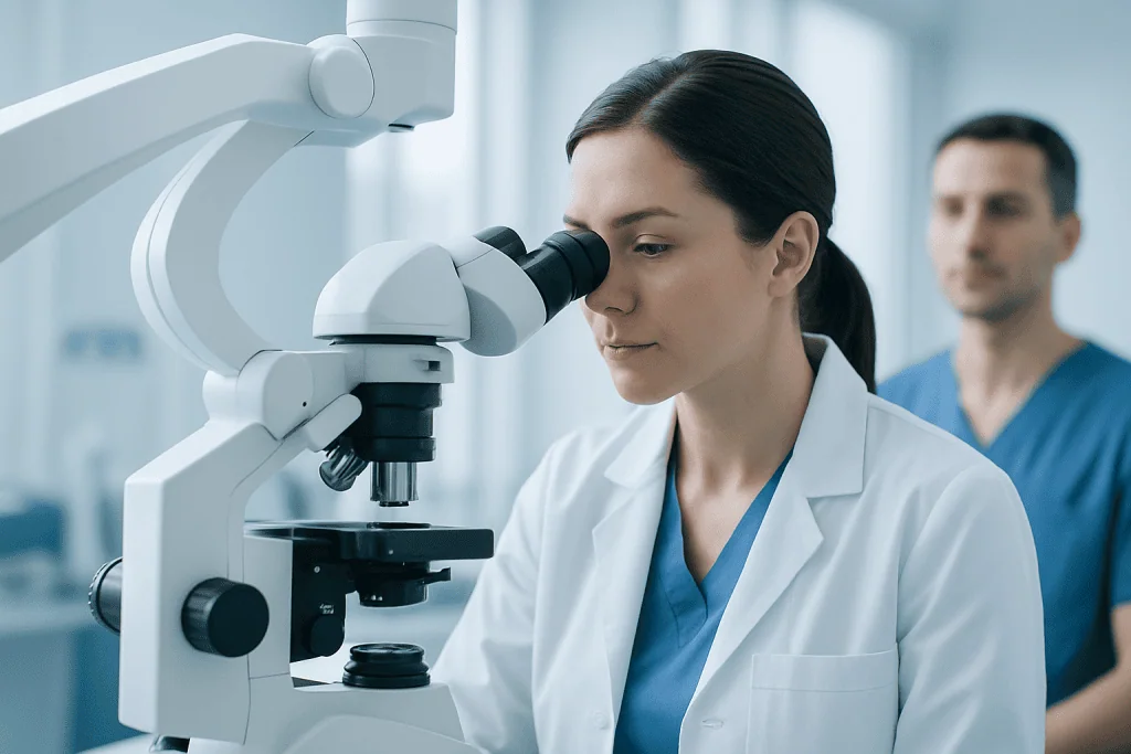 Female scientist examining samples with a microscope in a laboratory setting.