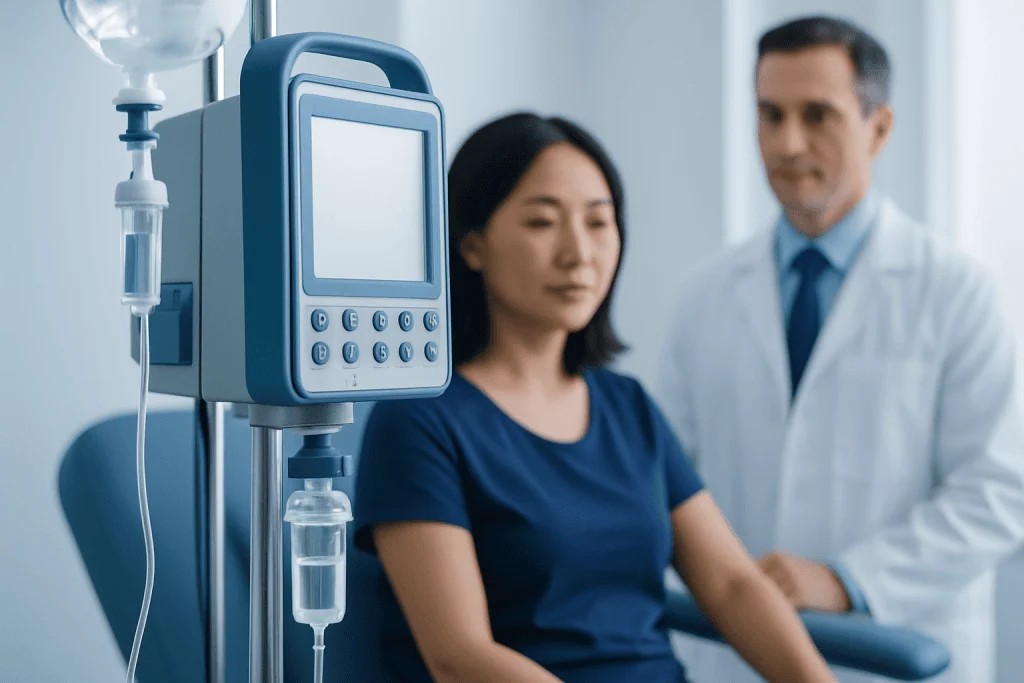 Patient receiving medical treatment in hospital with IV drip and monitor.