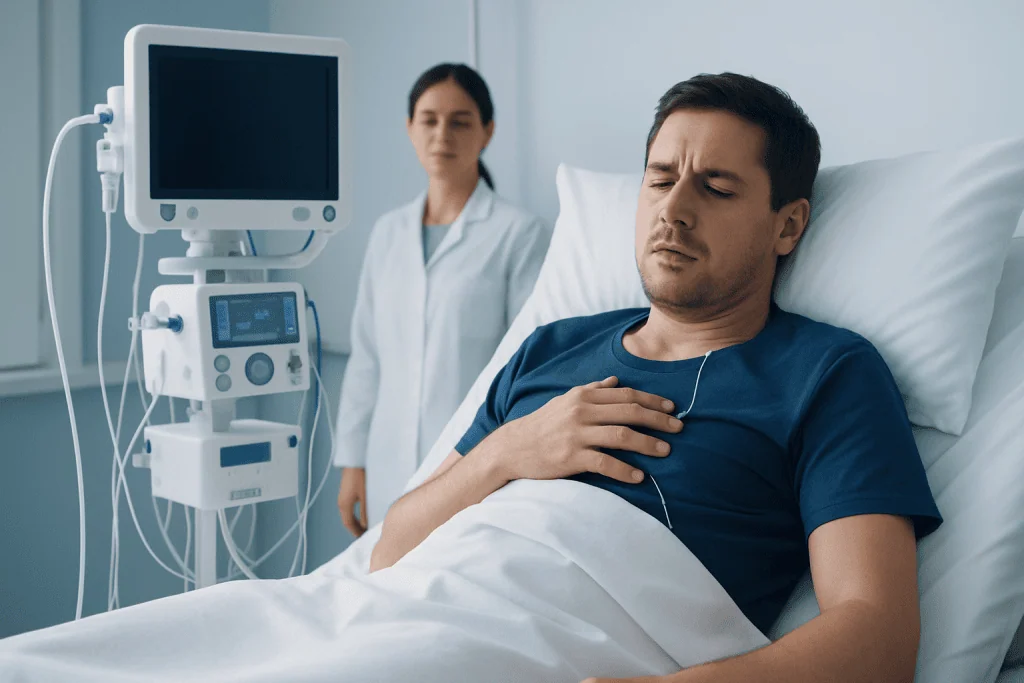 Patient experiencing chest discomfort in hospital bed with medical monitor nearby.