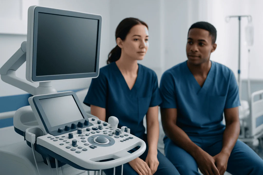 Medical professionals using ultrasound equipment in a hospital setting.