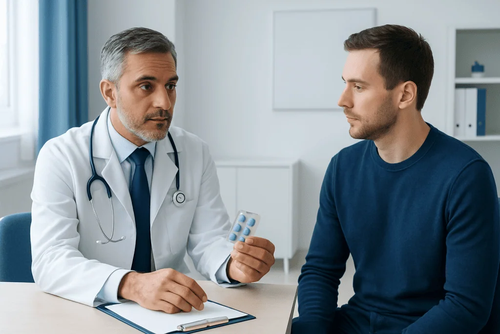 Doctor explaining medication to a patient in a clinic setting.