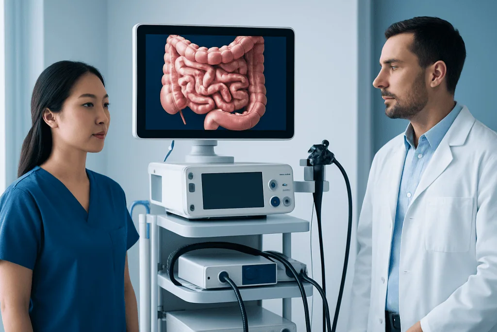 Medical professionals discuss a patient's digestive health with a 3D gut model.