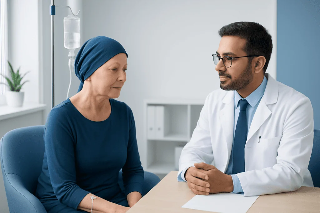 Doctor consulting with a female patient in a hospital room.