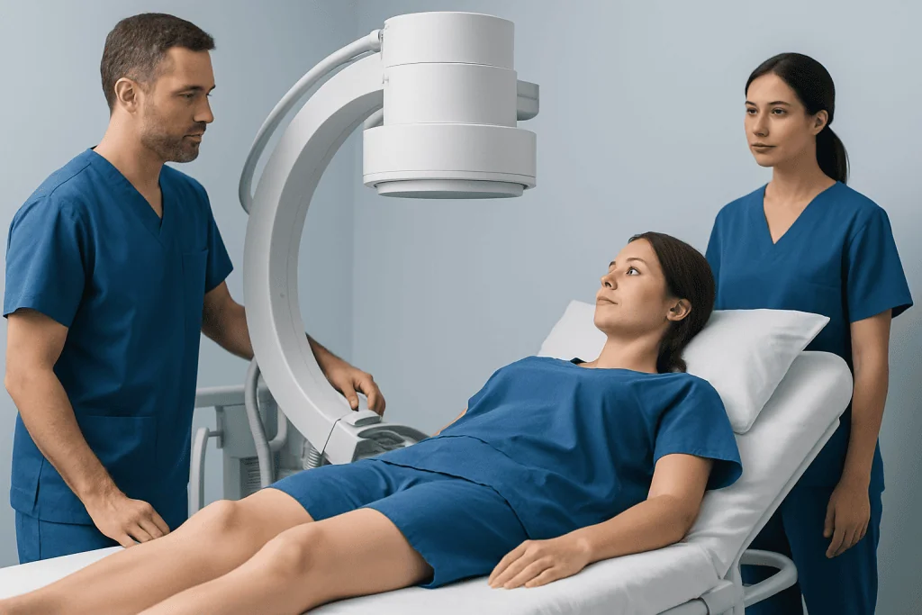 Medical professionals performing a pelvic scan on a patient in a hospital.