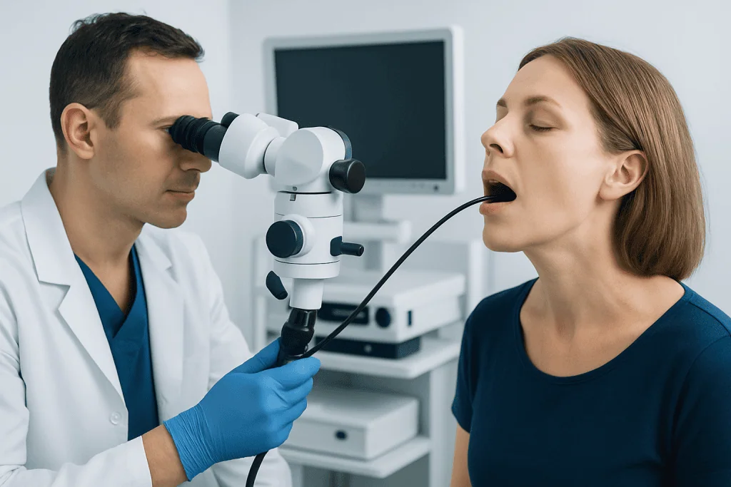 ENT specialist examines patient's throat with a medical endoscope.