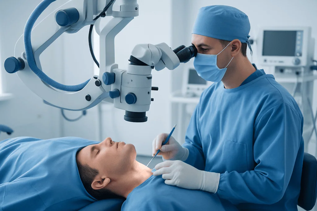 Surgeon performing throat surgery with advanced medical equipment.