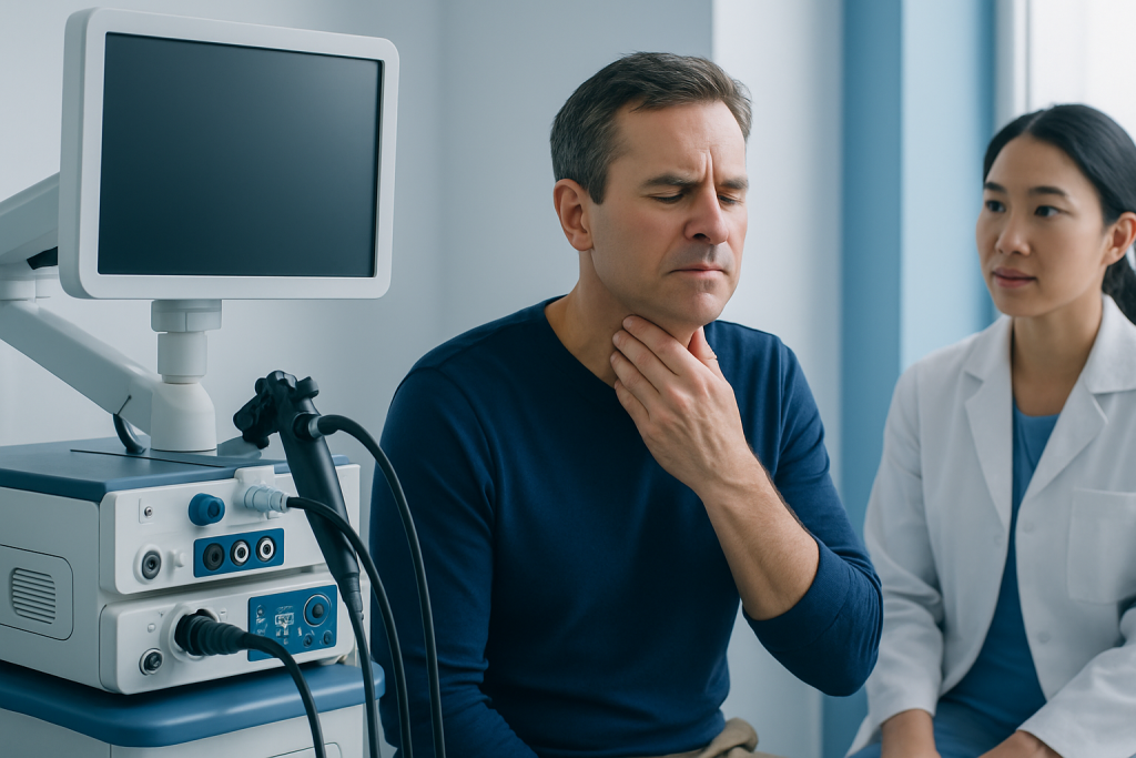 Patient experiencing throat discomfort during medical consultation at Acibadem Hospital.
