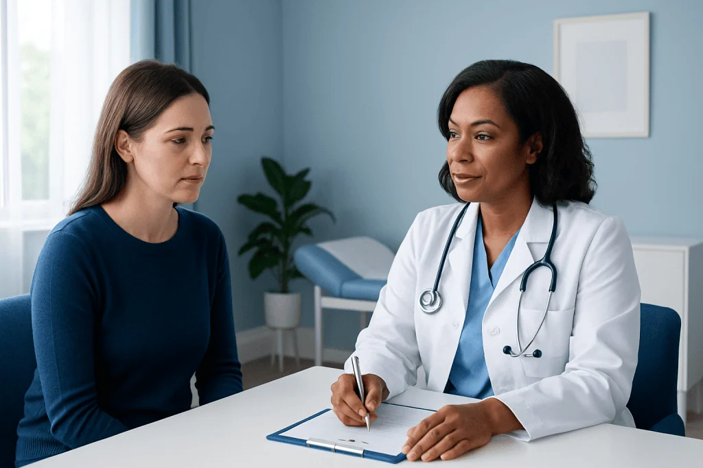 Female patient consulting with a doctor in a medical office.