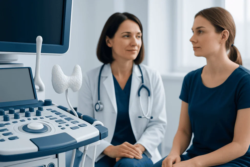 Doctor consulting patient in a medical examination room with ultrasound equipment.