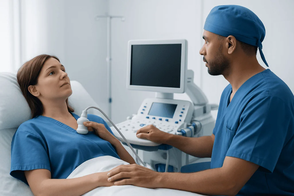 Doctor explaining thyroid ultrasound to patient in hospital room.