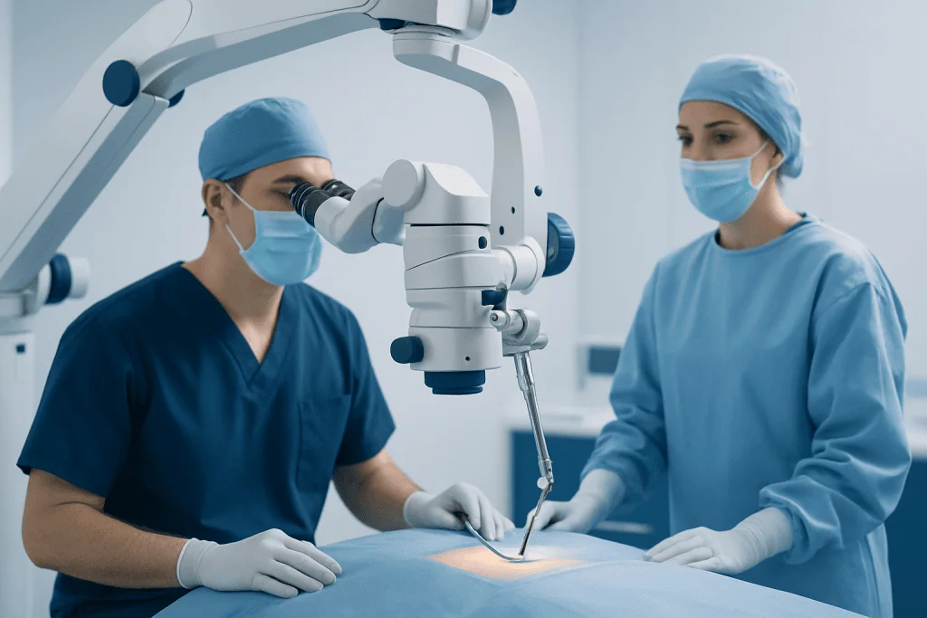 Surgeons performing TLIF spine surgery with advanced microscope equipment.