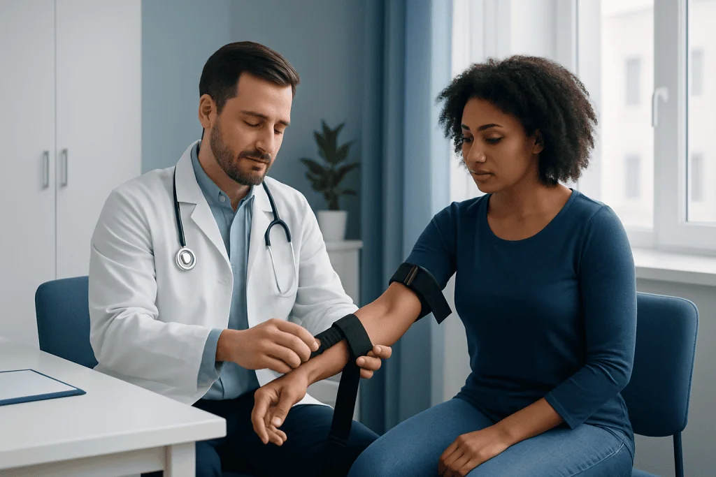 Doctor checking patient's blood pressure in a clinical setting.