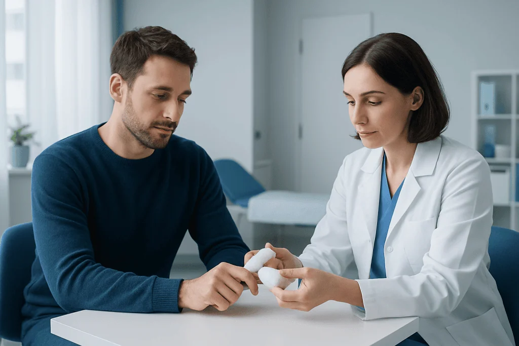 Doctor treating a patient's finger injury in a clinical setting.