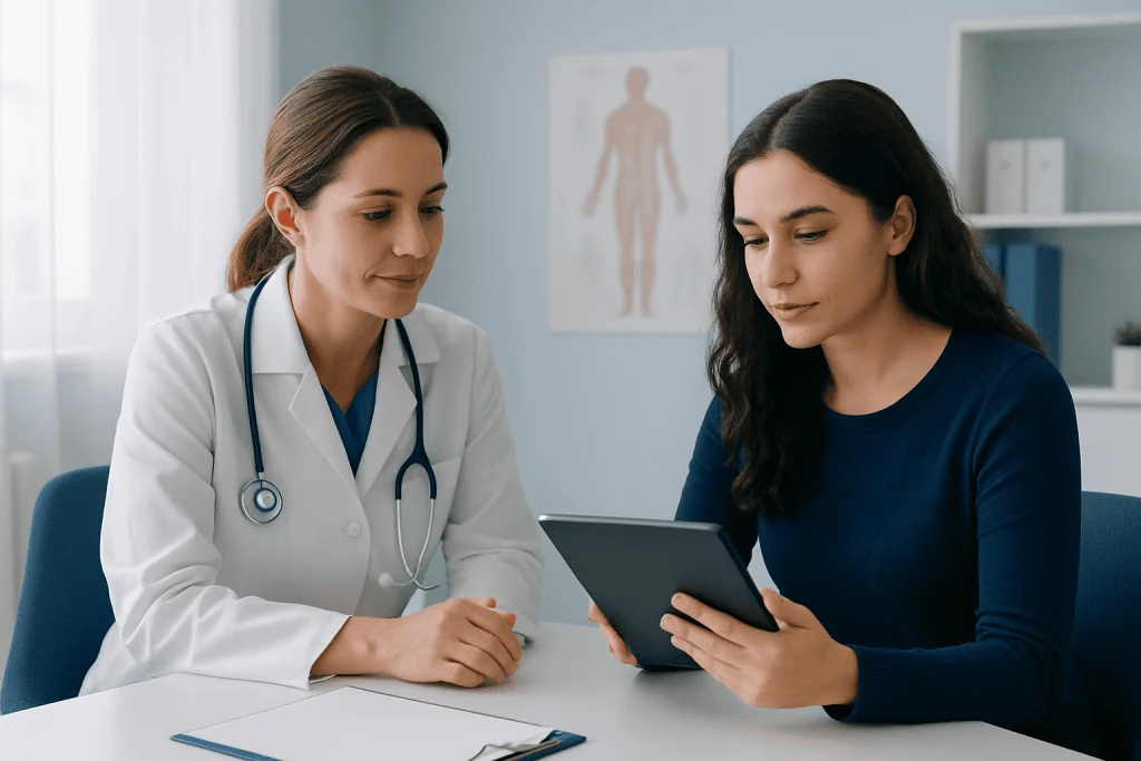Doctor consulting with patient using a tablet at Acibadem Hospital.