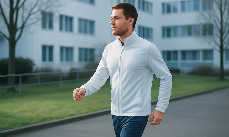 Young man jogging outdoors near modern hospital buildings.
