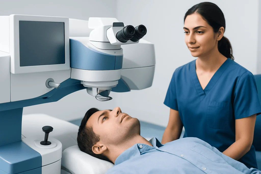 Optical surgery procedure at Acibadem Hospital with medical staff and advanced equipment.