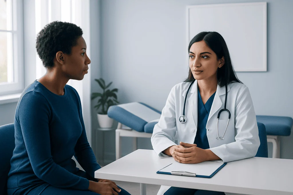Doctor consulting with a patient in a modern medical office.