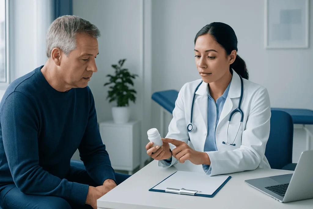 Doctor explaining medication to a patient in a clinical setting.