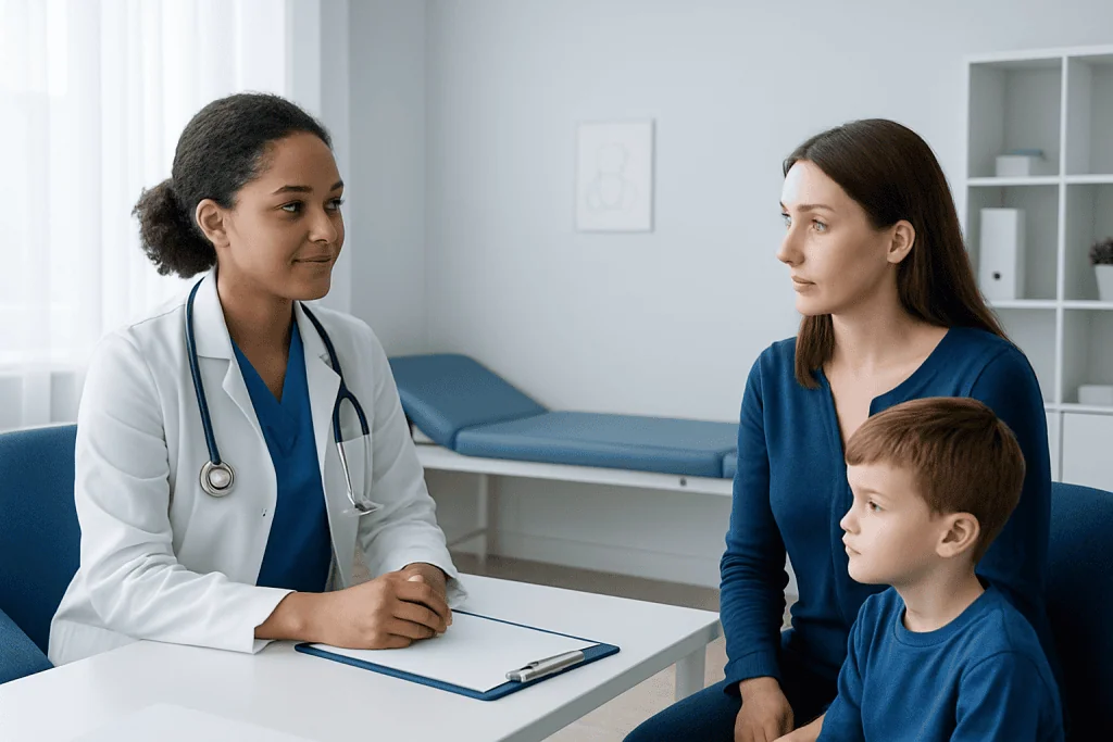 Pediatric consultation at Acibadem Hospital with doctor and young patient.