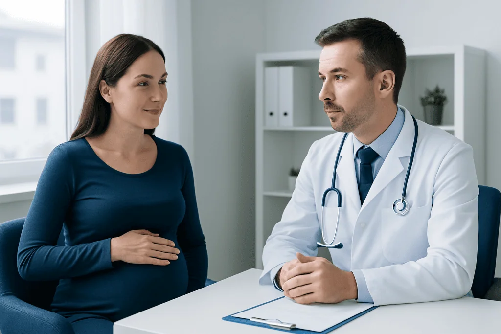 Pregnant woman consulting with a doctor in a modern clinic setting.