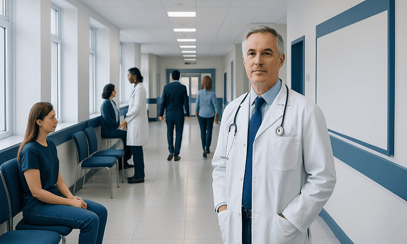 Experienced doctor in hospital corridor with patients and staff.