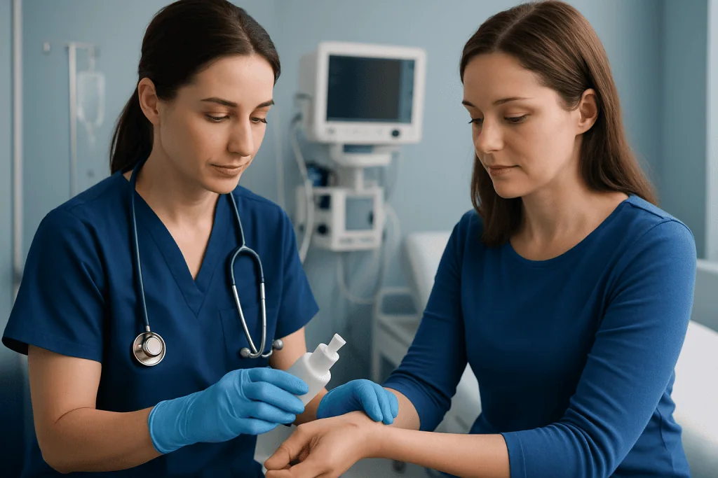 Nurse applying antiseptic to patient's hand in hospital setting.