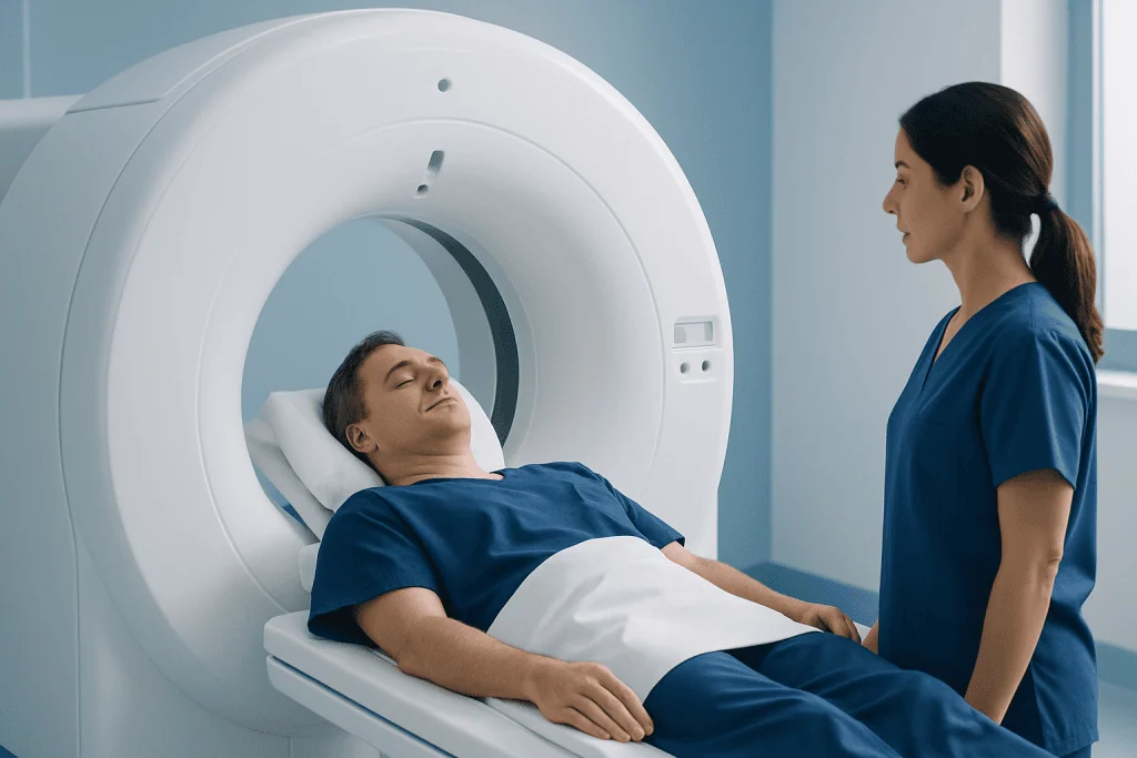 Patient undergoing a CT scan of the head in a medical facility.