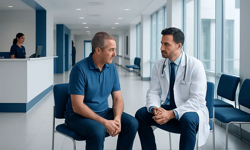 Doctor consulting with patient in modern hospital corridor.