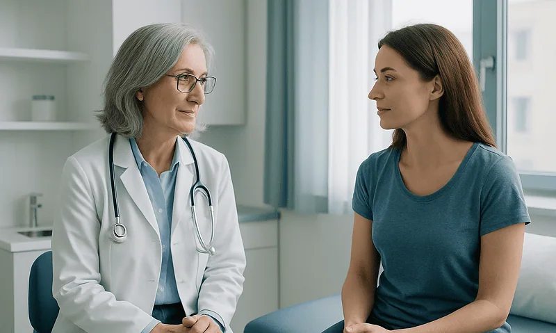 Doctor consulting with a young female patient in a medical office.